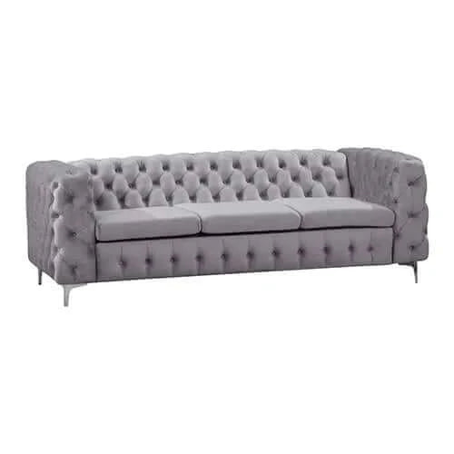 3 Seater Sofa Classic Button Tufted Lounge in Grey Velvet Fabric with Metal Legs-Upinteriors