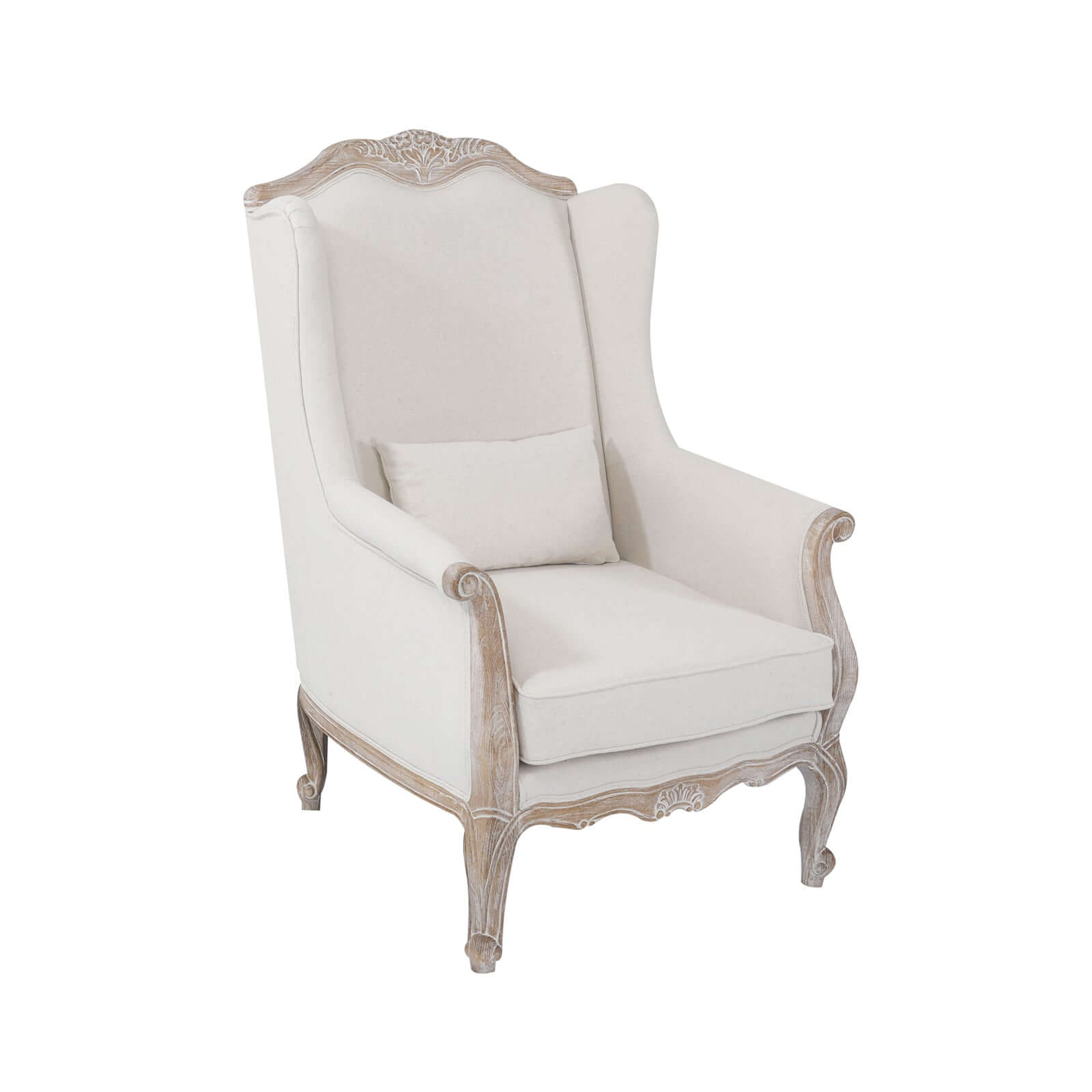 Wing Chair Linen Fabric Oak Wood White Washed Finish Rolled Armrest-Upinteriors
