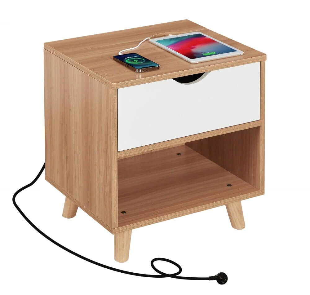 Bedside Table with Powerboard & USB Ports-Upinteriors