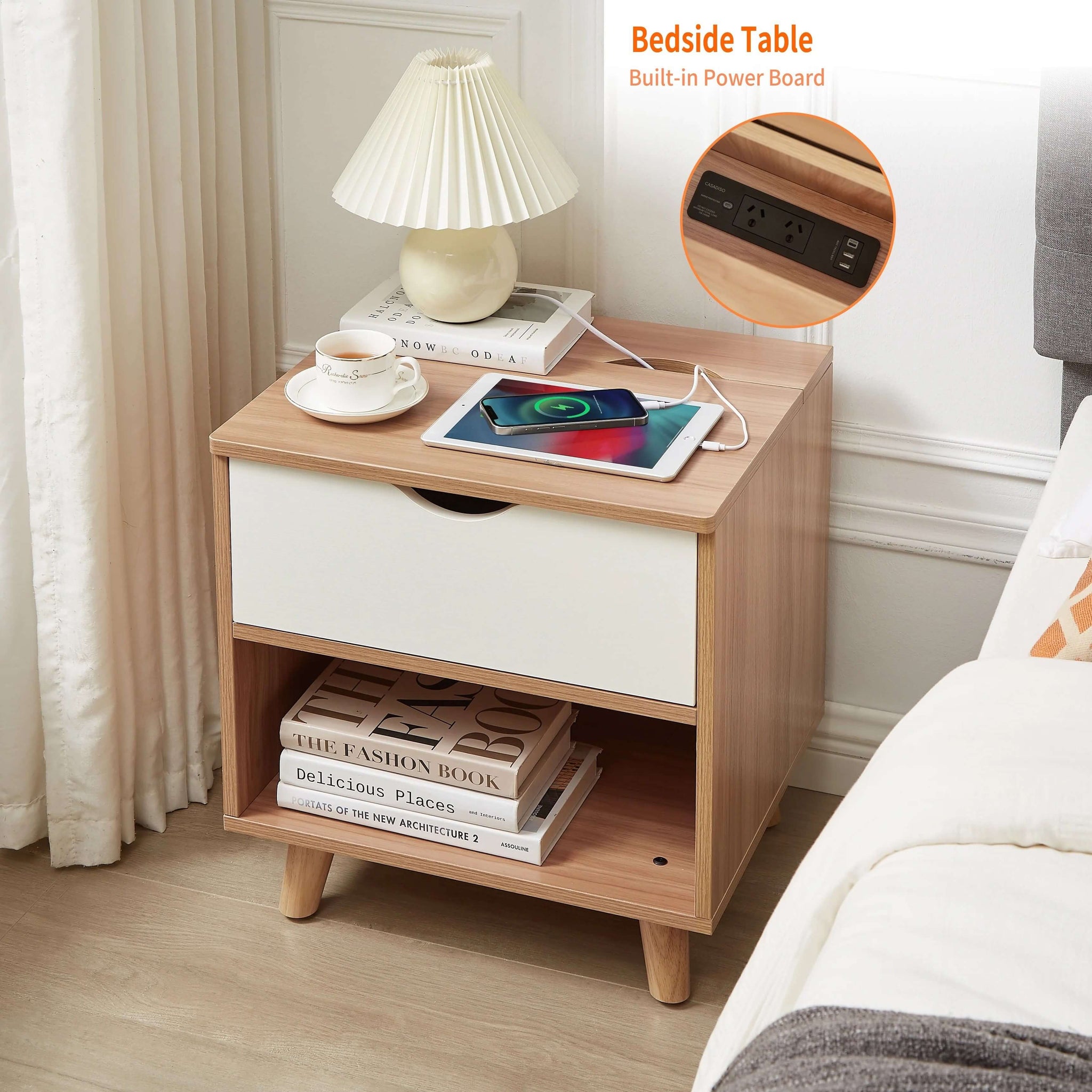 Multifunctional Bedside Table with Built-in Charging-Upinteriors