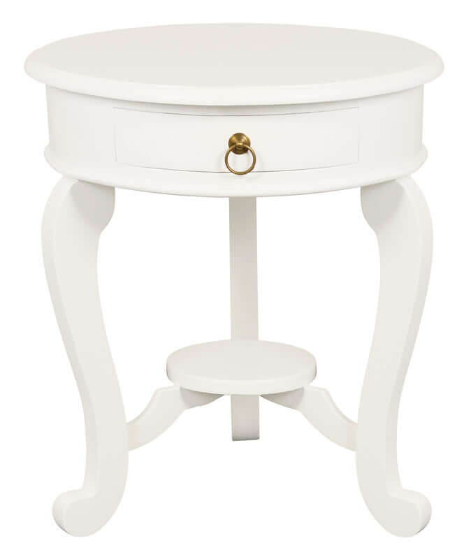 Elegant Round Lamp Table with Drawer - White-Upinteriors