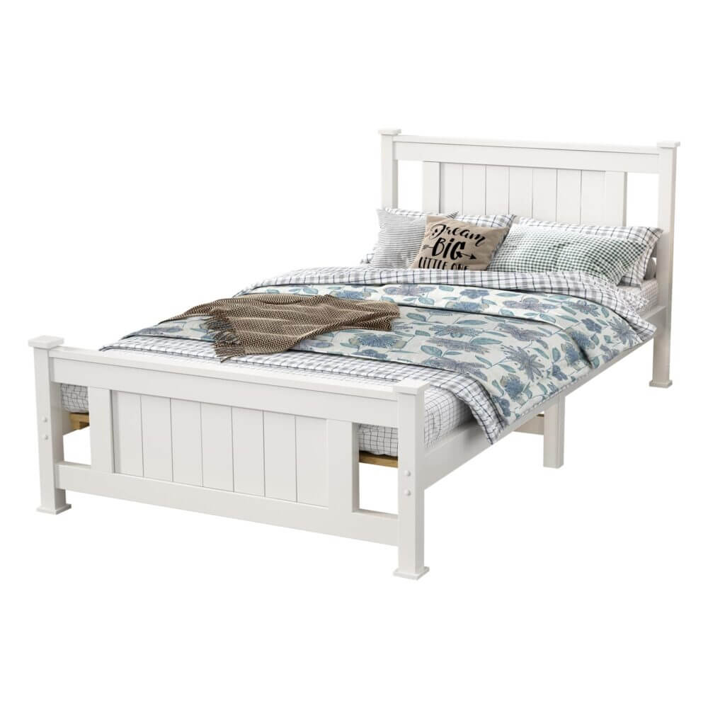 Single Solid Pine Timber Bed Frame-White-Upinteriors