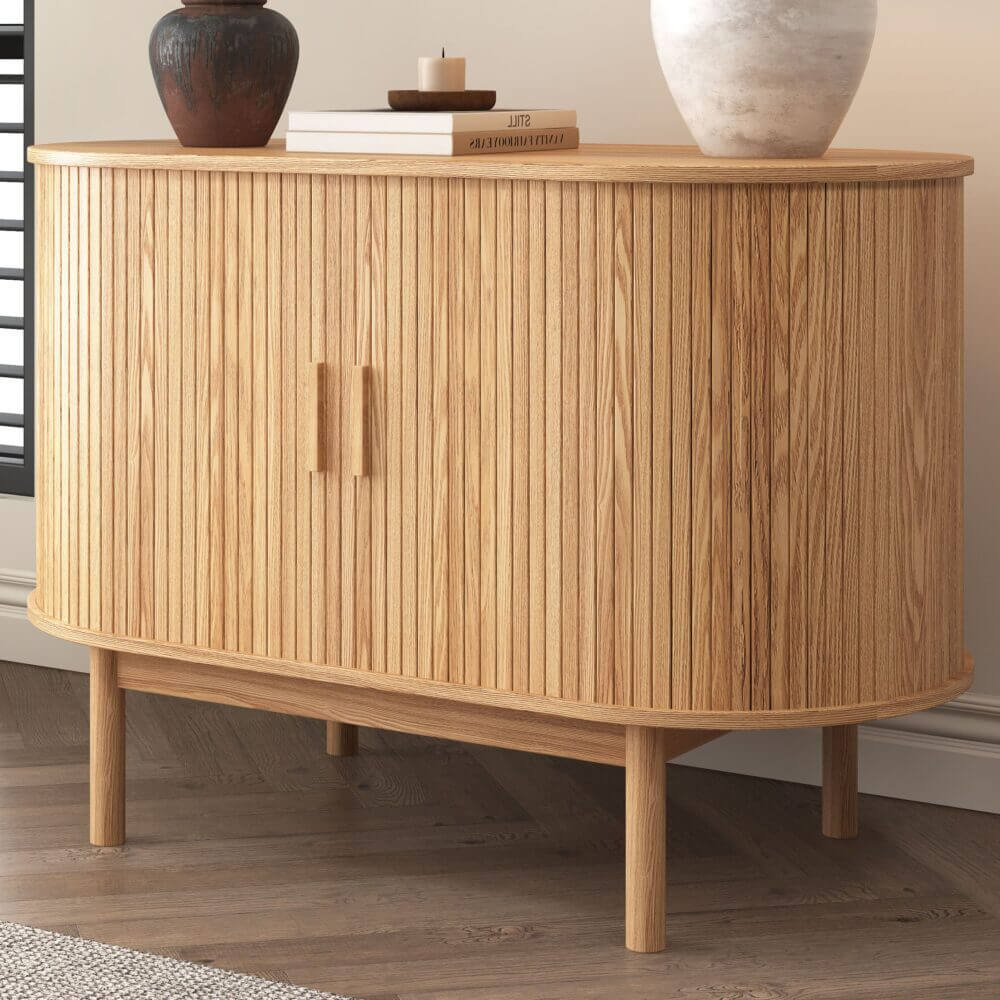Elegant Natural Wood Ribbed Sideboard Cabinet-Upinteriors