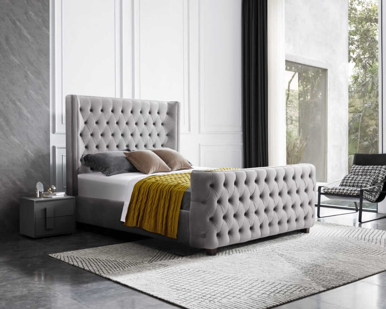 Milan Grey Velvet Tufted Headboard and End board Bed Frame - Queen Size-Upinteriors
