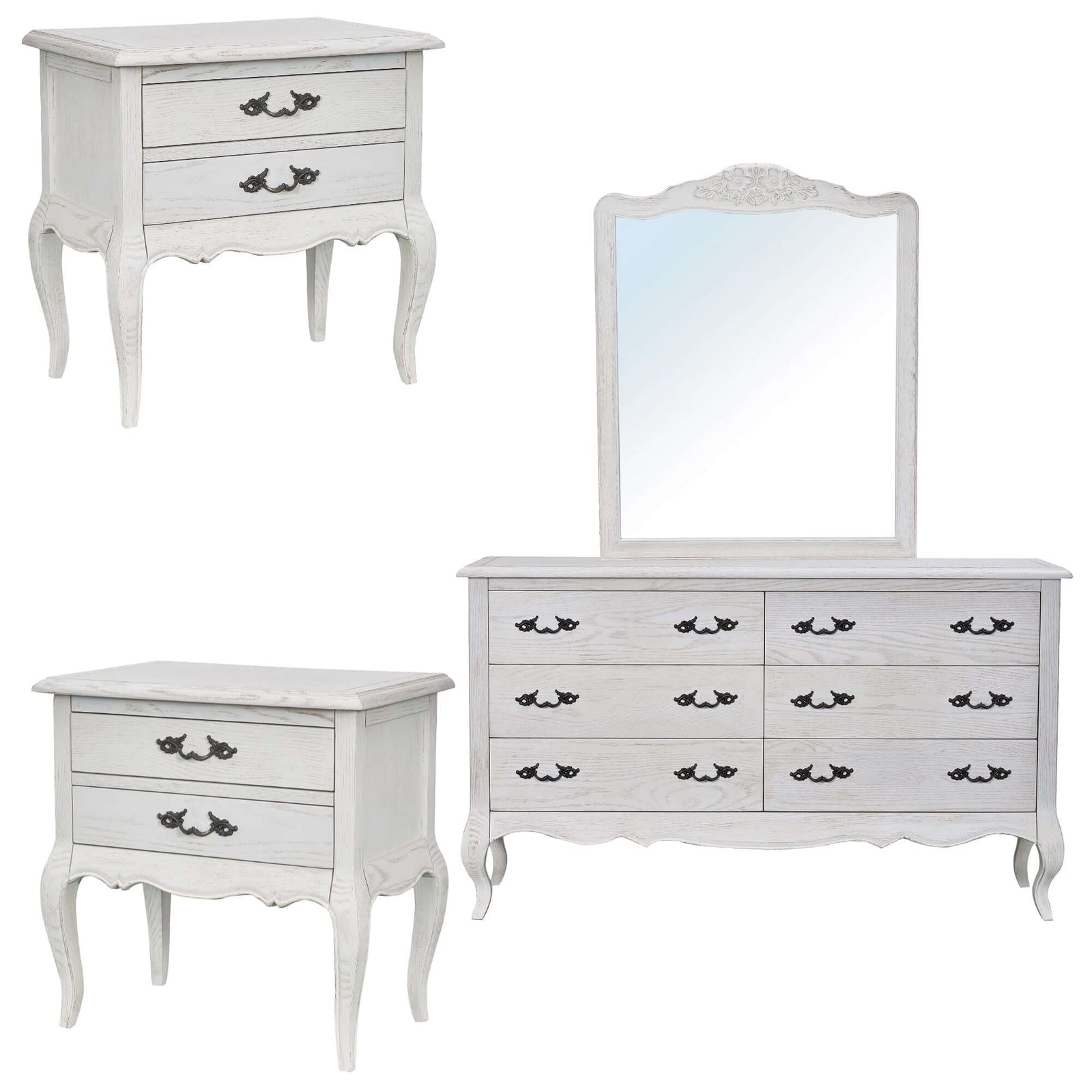 Alice 4pc Set 2 Bedside Dresser Mirror Storage Cabinet Table Distressed White-Upinteriors