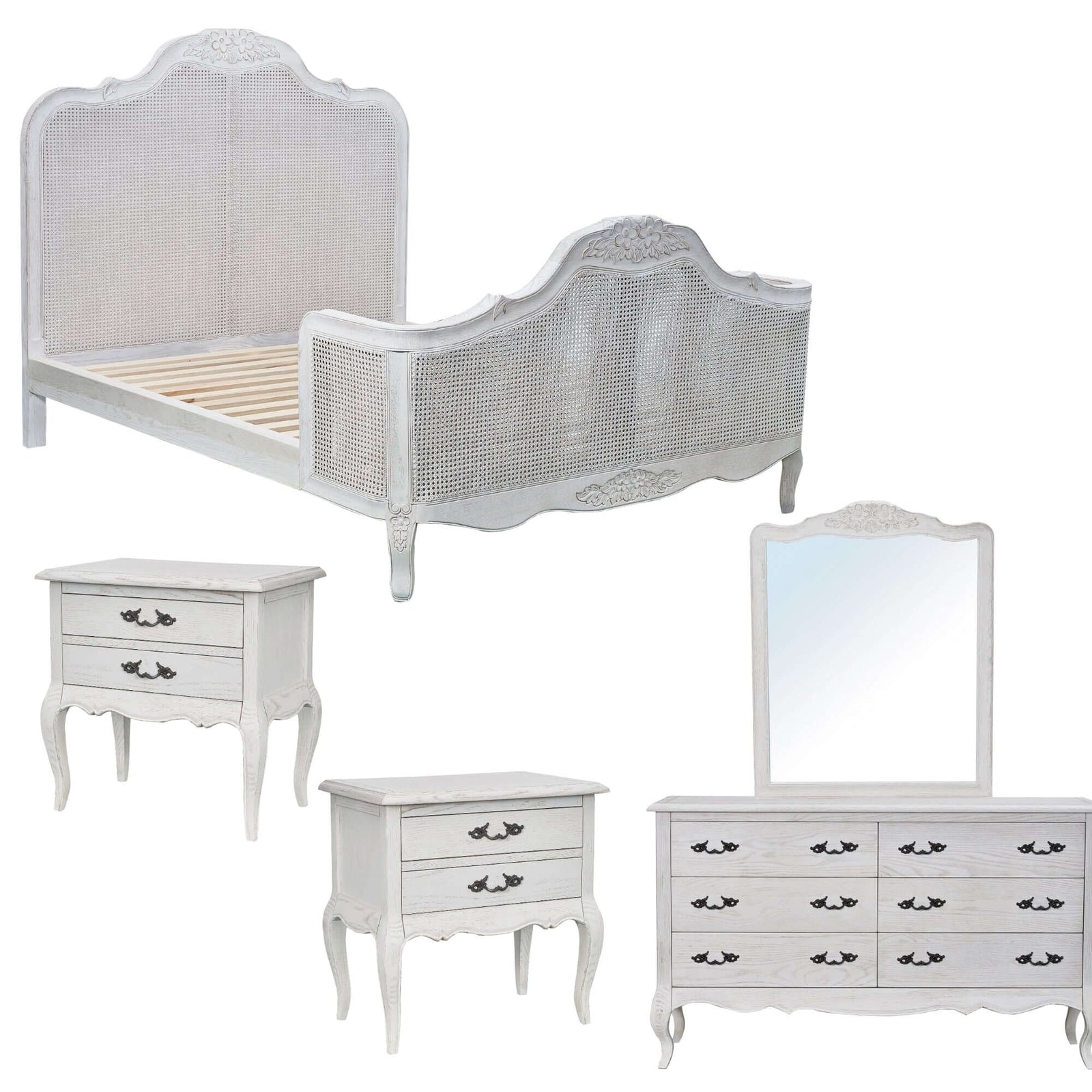 Alice 5pc King Bed Suite Bedside Dresser Bedroom Rattan Furniture Package White-Upinteriors