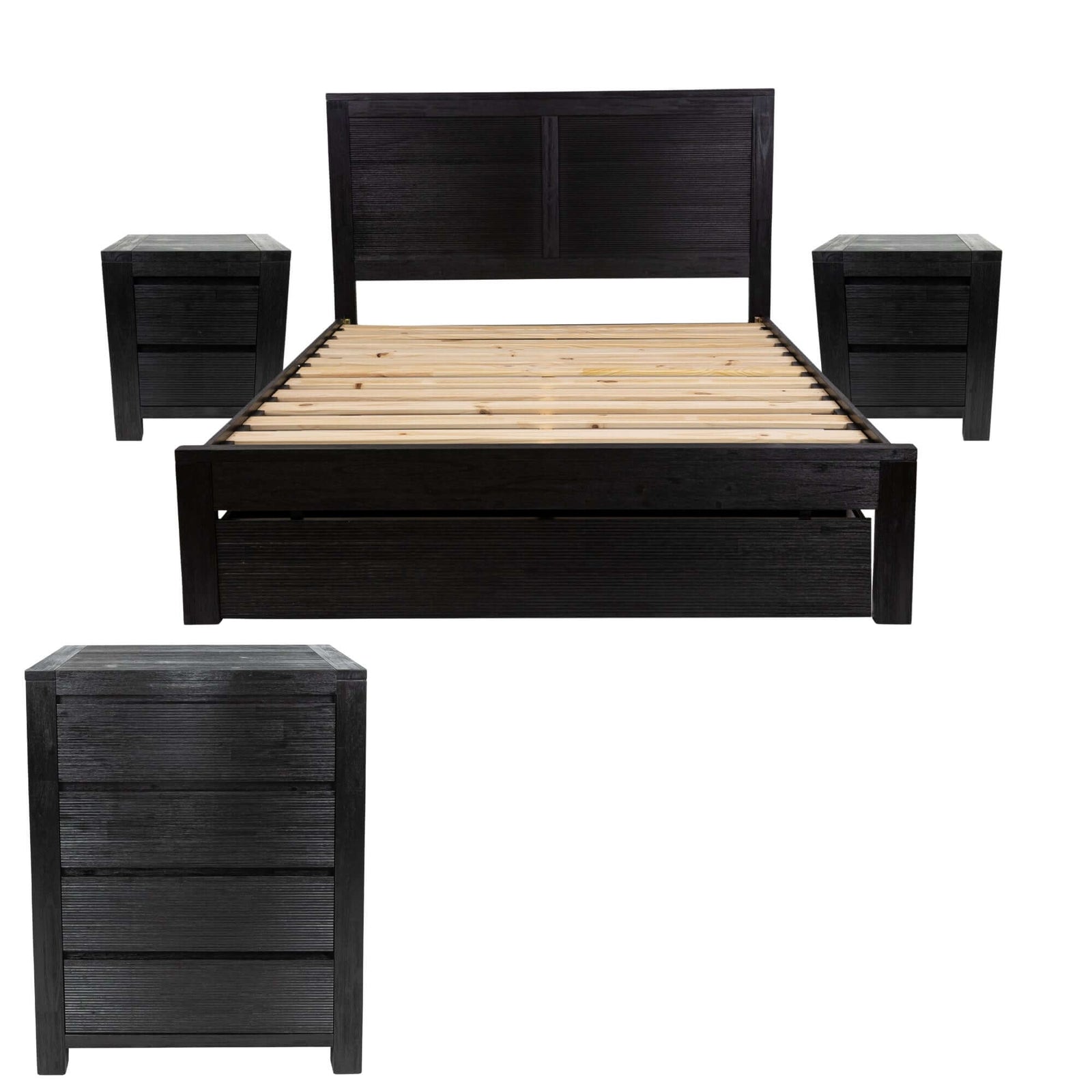 Tofino 4pc Queen Bed Suite Bedside Tallboy Bedroom Furniture Package - Black-Upinteriors