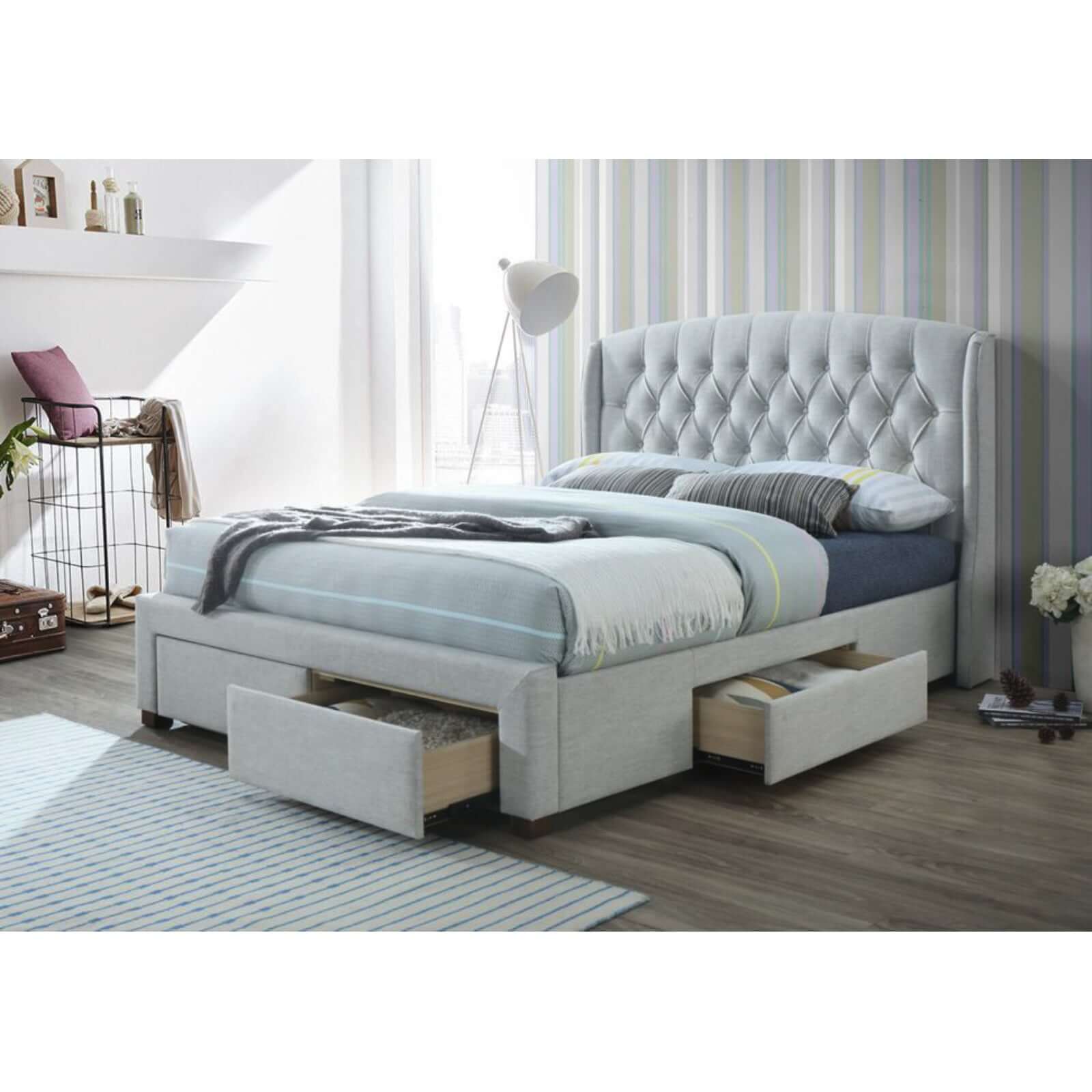 Luxurious Beige King Bed Frame with Storage-Upinteriors