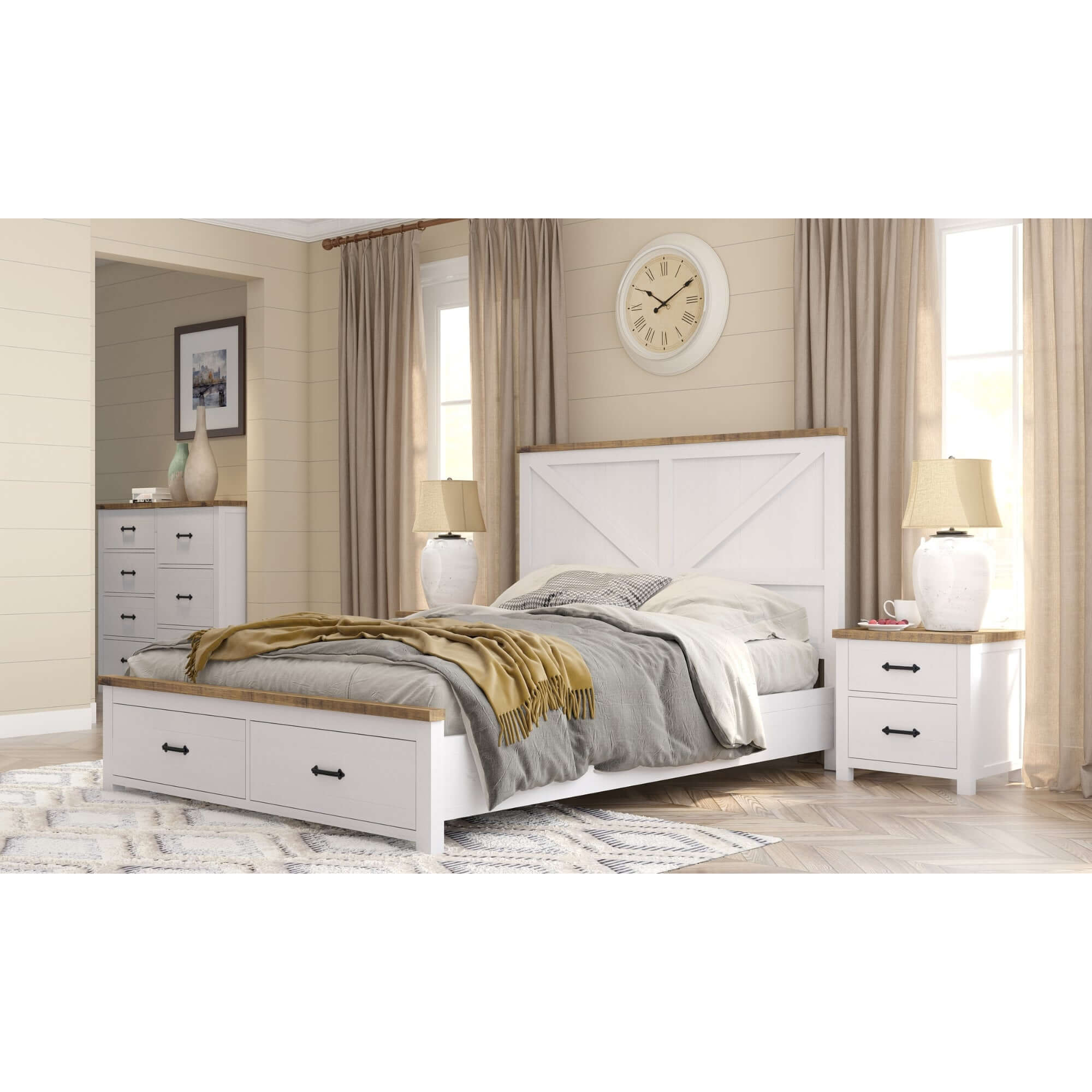 Grandy 4pc King Bedroom Furniture Set - White/Brown-Upinteriors