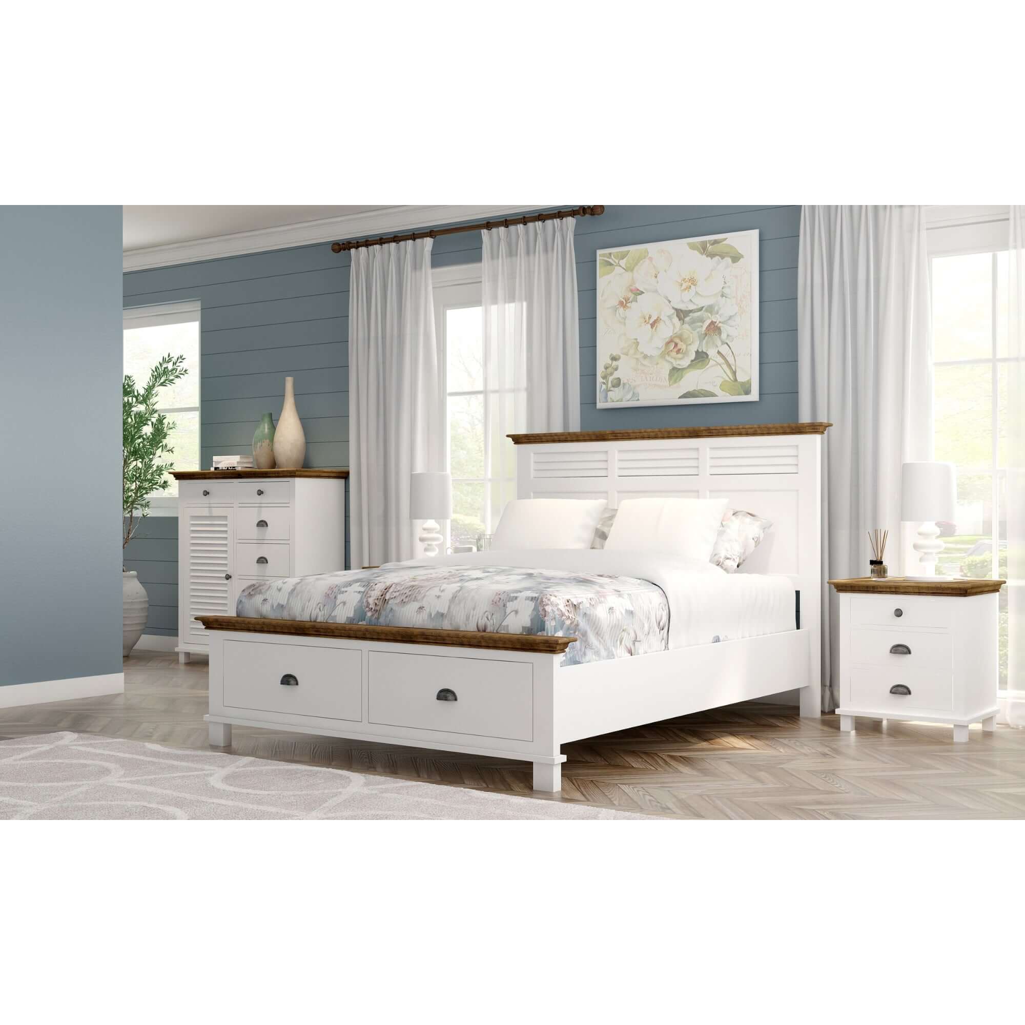 Virginia Queen Bed Frame Size Mattress Base with Drawer Solid Pine Timber -White-Upinteriors