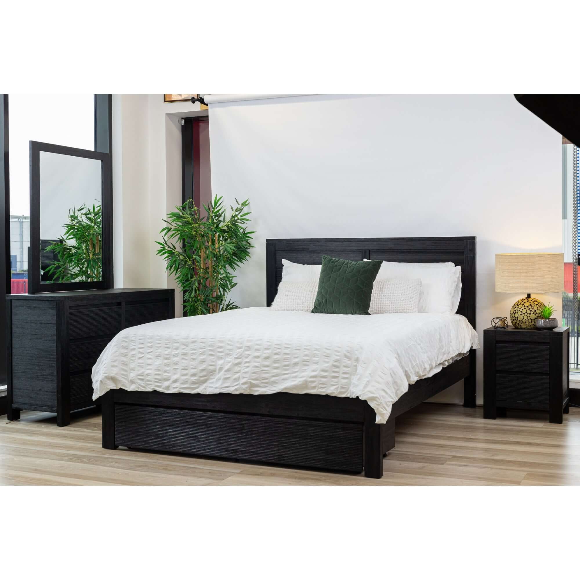 Tofino Bed Frame Queen Size Timber Mattress Base With Storage Drawers - Black-Upinteriors