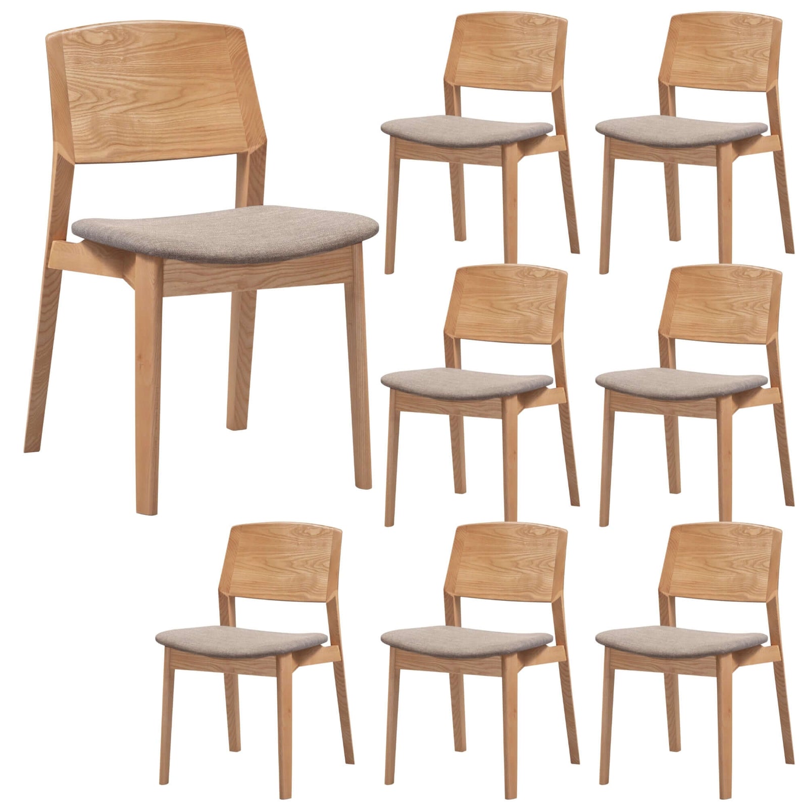 Emilio 8pc Set Dining Chair Fabric Seat Scandinavian Style Solid Ash Wood Oak-Upinteriors