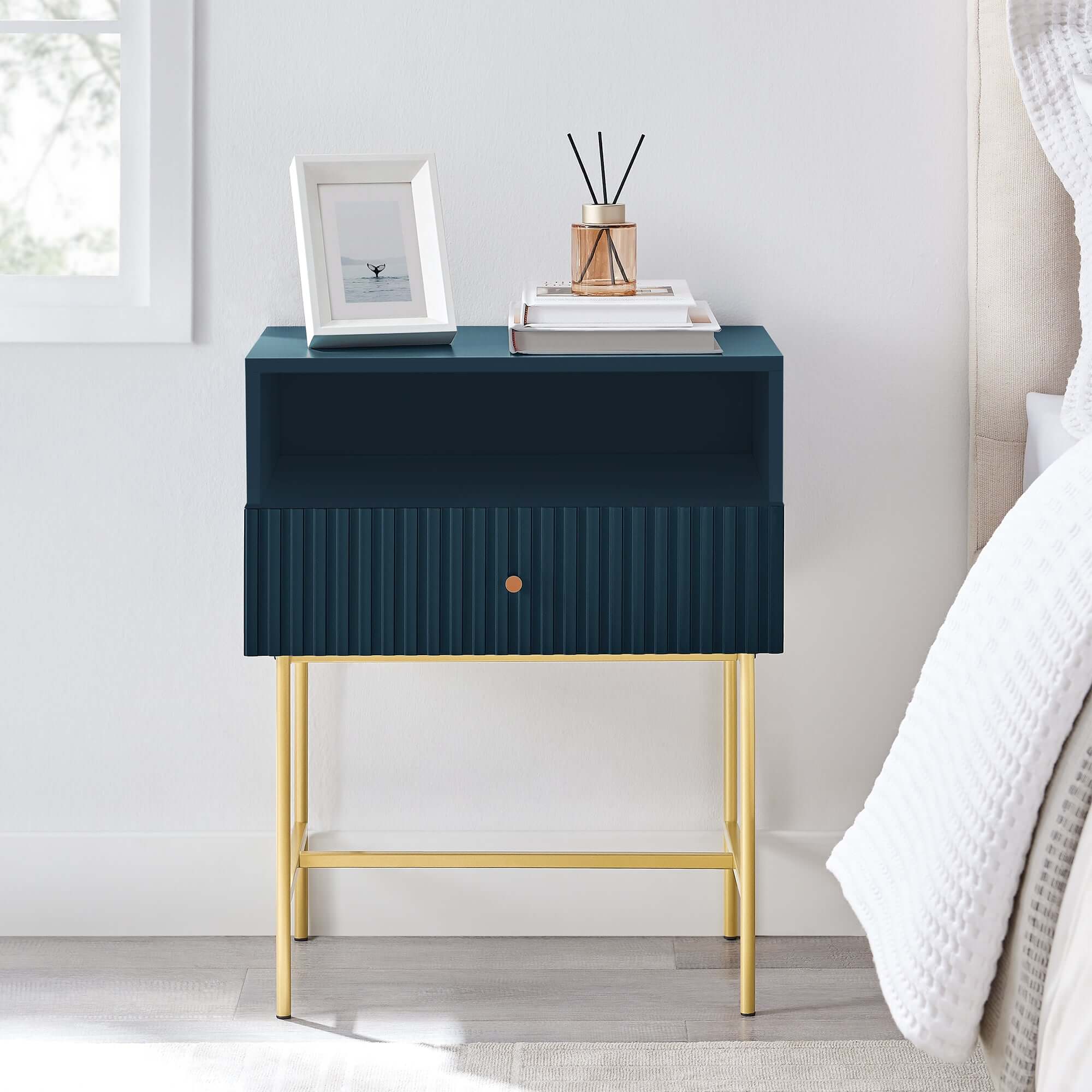 Lucia Blue Bedside Table - Sleek Fluted Design-Upinteriors