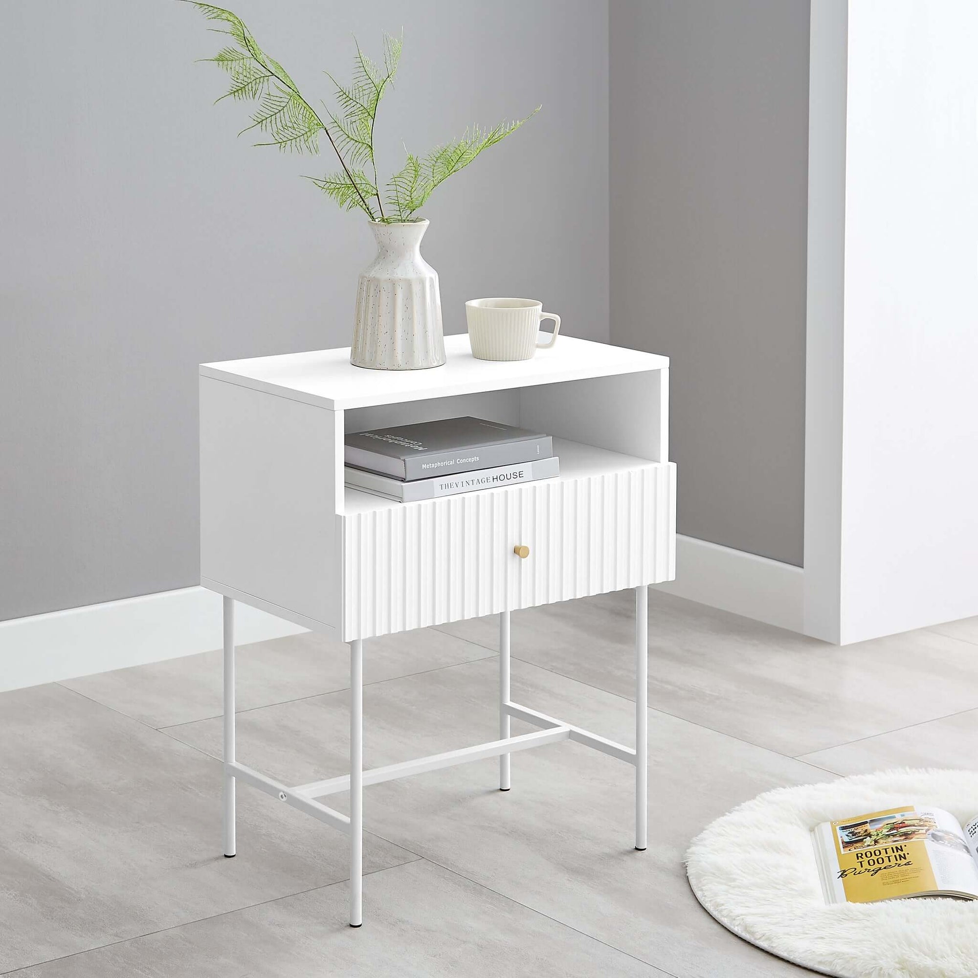 Elegant Lucia Fluted Bedside Table in Satin White-Upinteriors