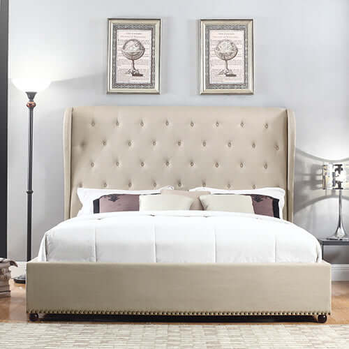 Bed Frame Queen Size in Beige Fabric Upholstered French Provincial High Bedhead-Upinteriors