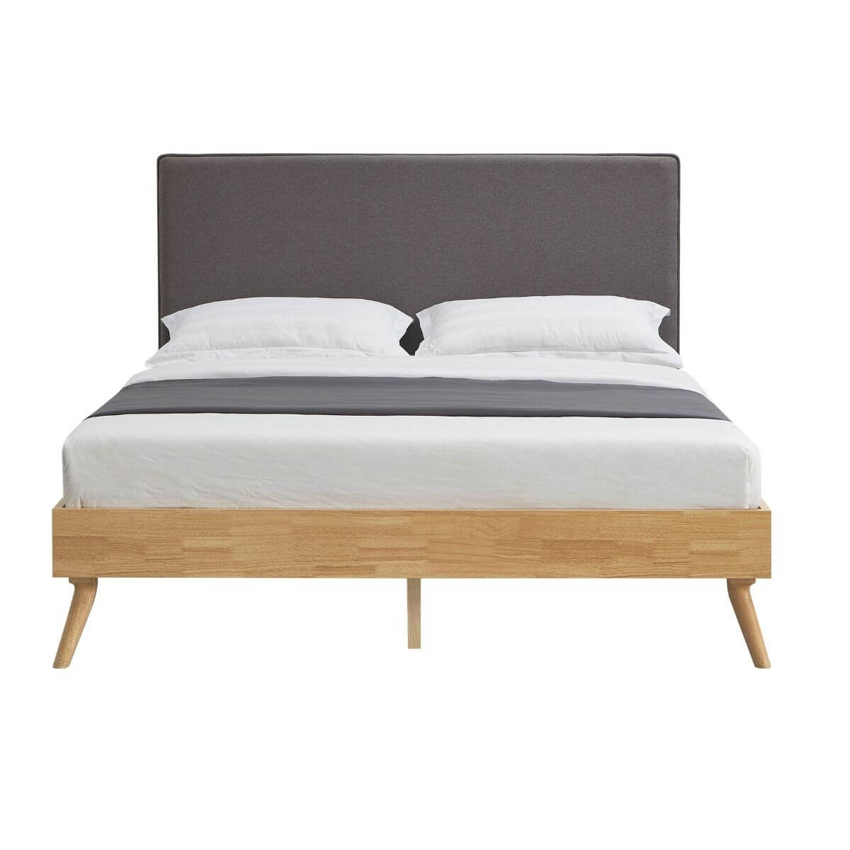 Natural Oak Ensemble Bed Frame Wooden Slat Fabric Headboard Queen-Upinteriors