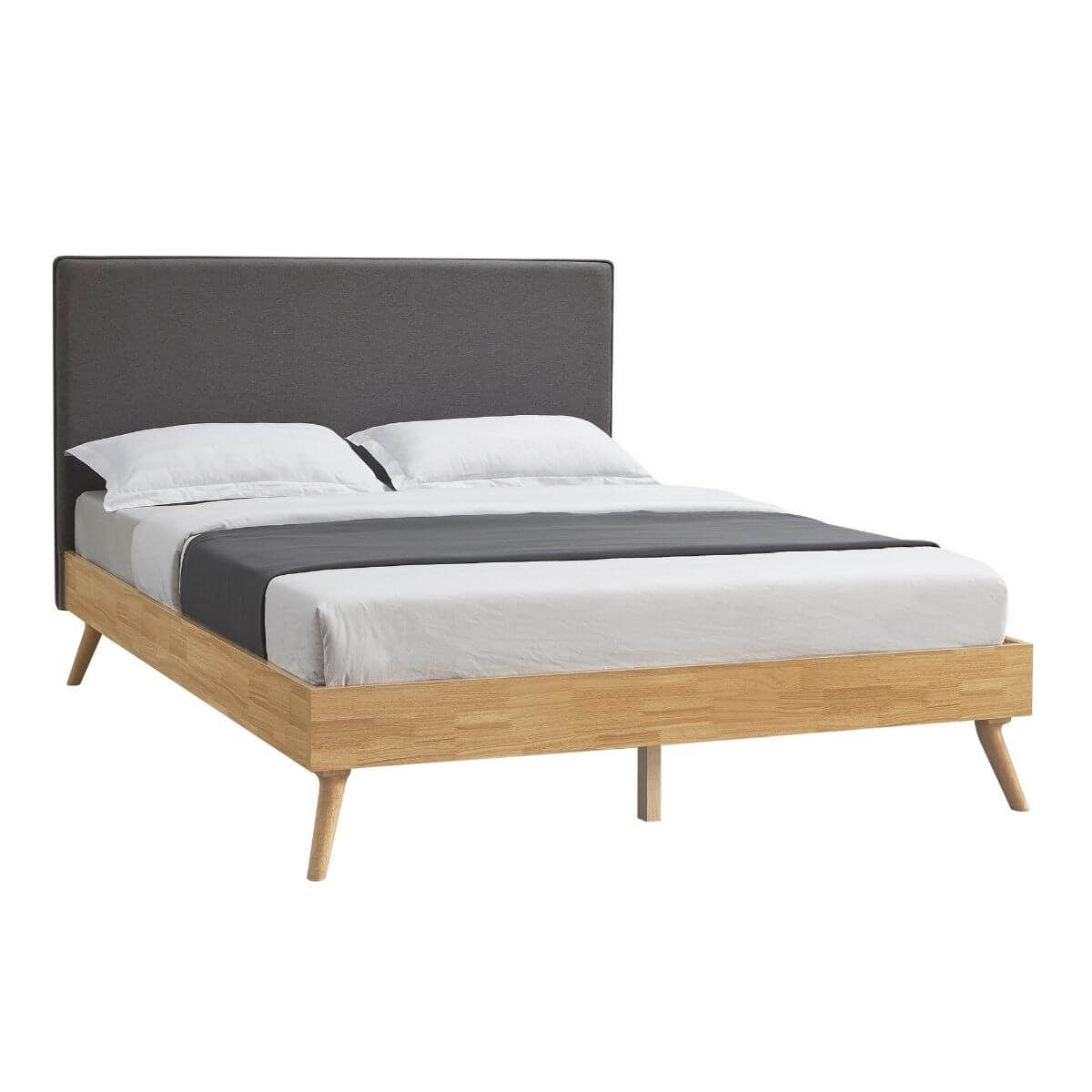 Oak Queen Bed Frame with Chic Fabric Headboard-Upinteriors