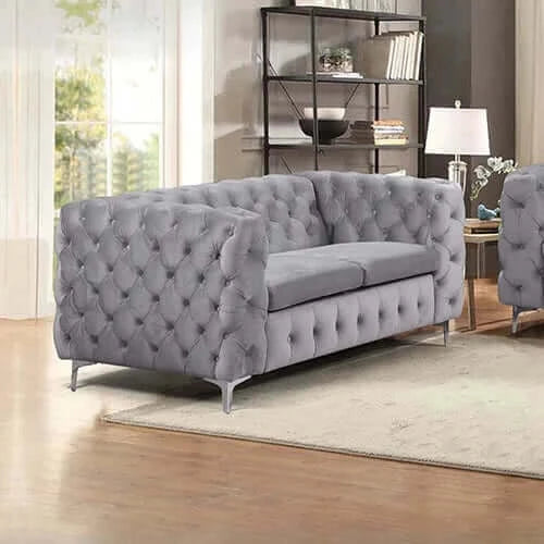Classic Grey Velvet 2-Seater Sofa with Button Tufting and Metal Legs-Upinteriors