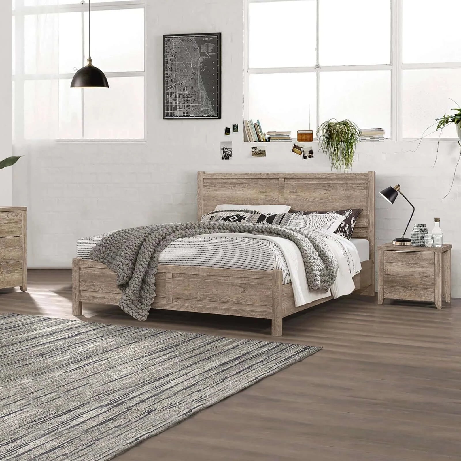 Buy 3 Pieces Bedroom Suite Natural Wood Like MDF Structure Queen Size Oak Colour Bed-Upinteriors