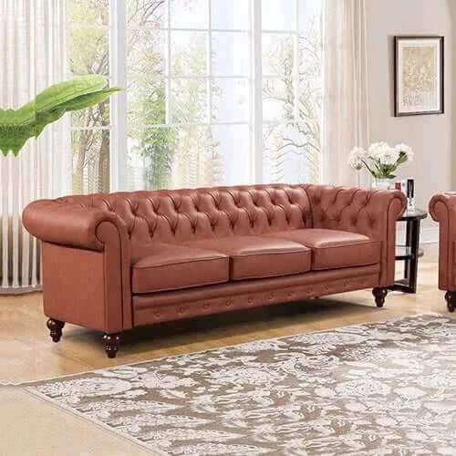 Buy 3 Seater Brown Sofa Lounge Chesterfireld Style Button Tufted in Faux Leather in Australia -Upinteriors