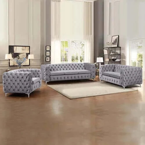Buy 3+2+1 seater sofa classic button tufted lounge in grey velvet fabric with metal legs - upinteriors-Upinteriors