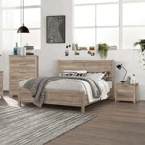 Buy 4 pieces bedroom suite natural wood like mdf structure double size oak colour bed bedside table & tallboy - upinteriors-Upinteriors