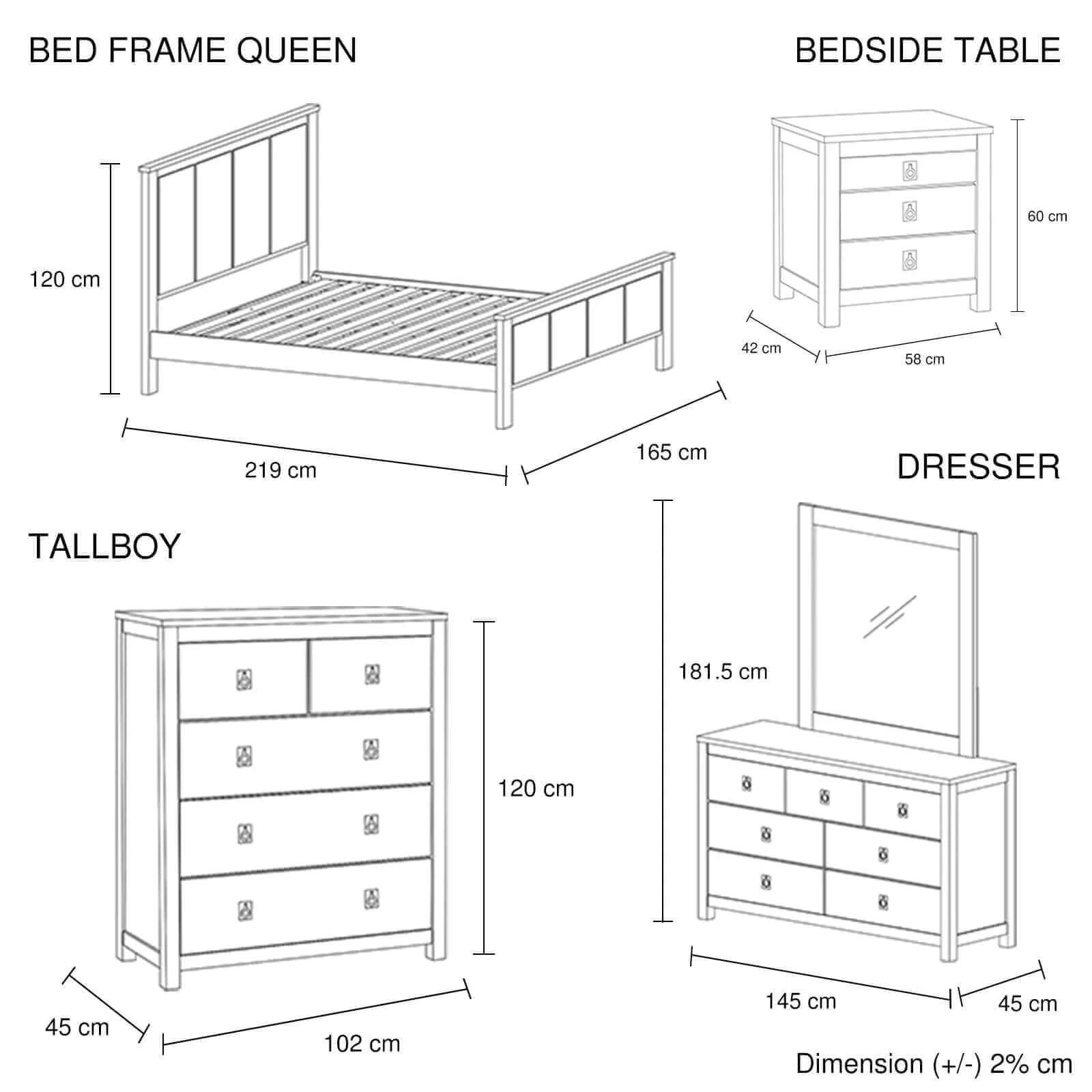 Buy 5 pieces bedroom suite with solid acacia wood veneered construction in queen size white ash colour bed bedside table, upinteriors-Upinteriors