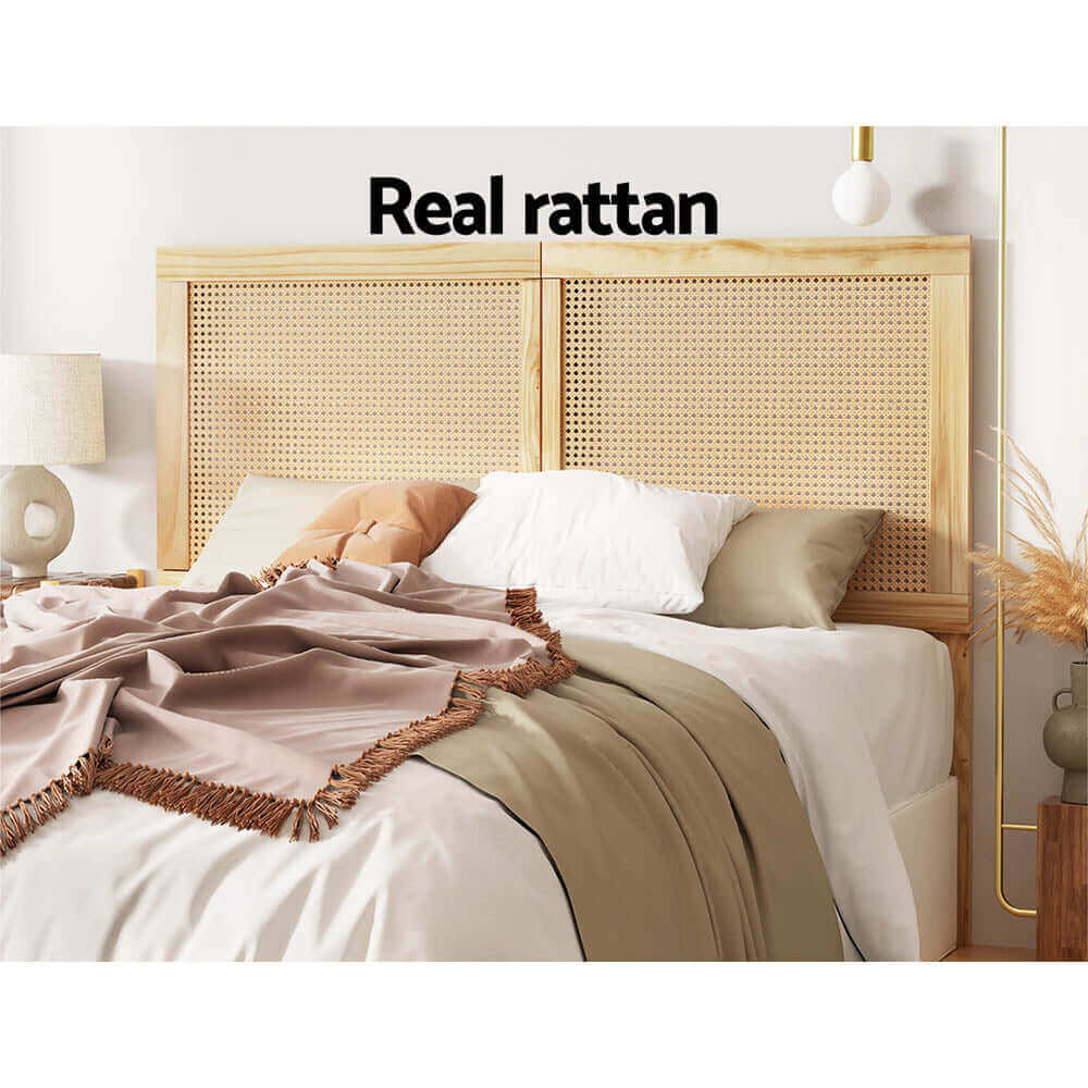 Artiss Rattan Bed Frame Queen Size Bed Head Headboard Bedhead Base RIBO Pine-Upinteriors