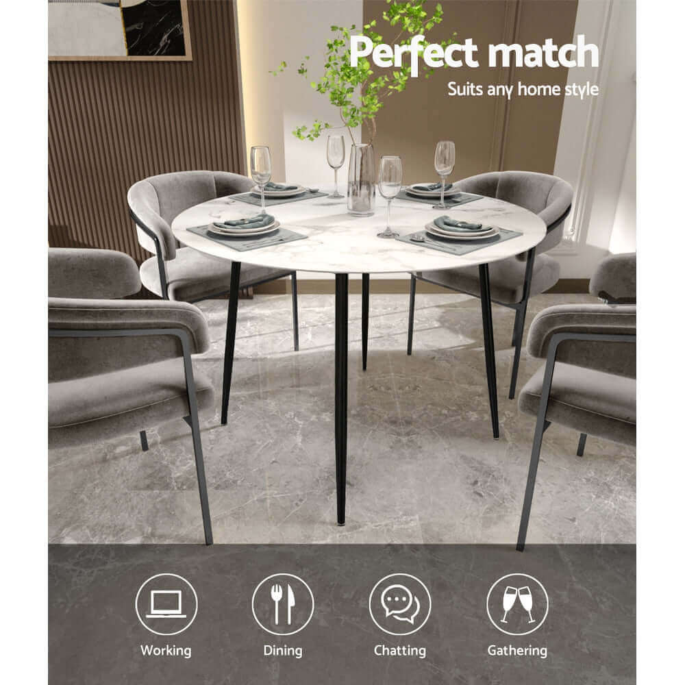 Artiss Dining Table Round Wooden Table With Marble Effect Metal Legs 110CM White-Upinteriors