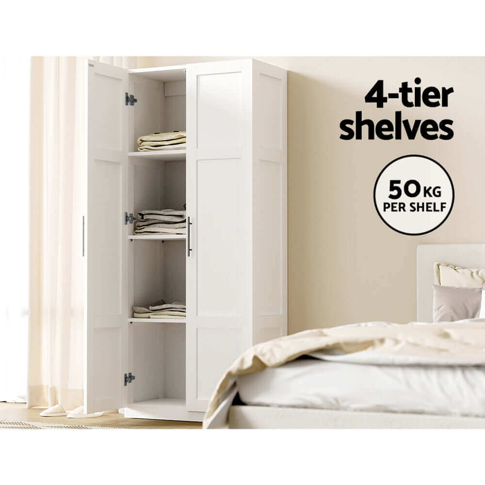 Artiss 2 Door Wardrobe Bedroom Cupboard Closet Storage Cabinet Organiser White-Upinteriors