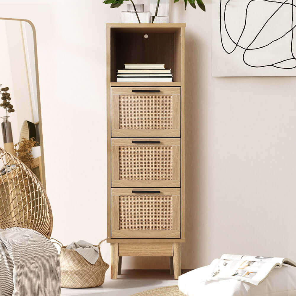 Artiss 3 Chest of Drawers Rattan Furniture Cabinet Storage Side End Table Shelf-Upinteriors