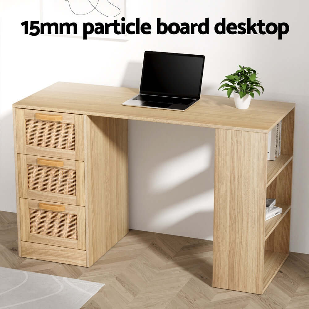 Artiss Computer Desk Drawer Shelf Home Office Study Table Rattan Oak 120CM-Upinteriors