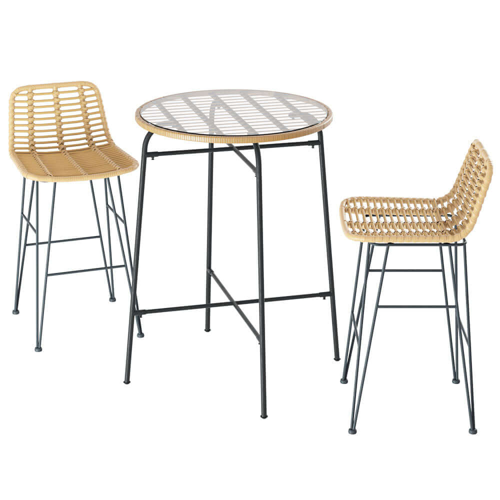 Gardeon 3-Piece Outdoor Bar Set Wicker Table Chairs Patio Bistro-Upinteriors