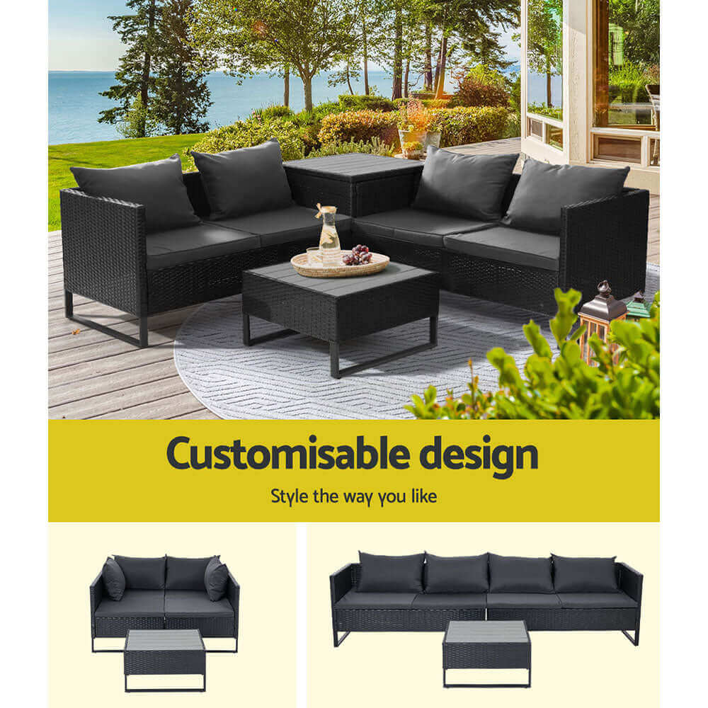 Gardeon Outdoor Sofa Furniture Garden Couch Lounge Set Wicker Table Chair Black-Upinteriors