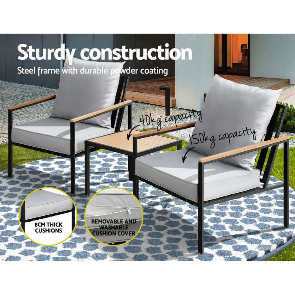 Gardeon Outdoor Furniture 3pcs Lounge Setting Bistro Set Chairs Table Patio-Upinteriors