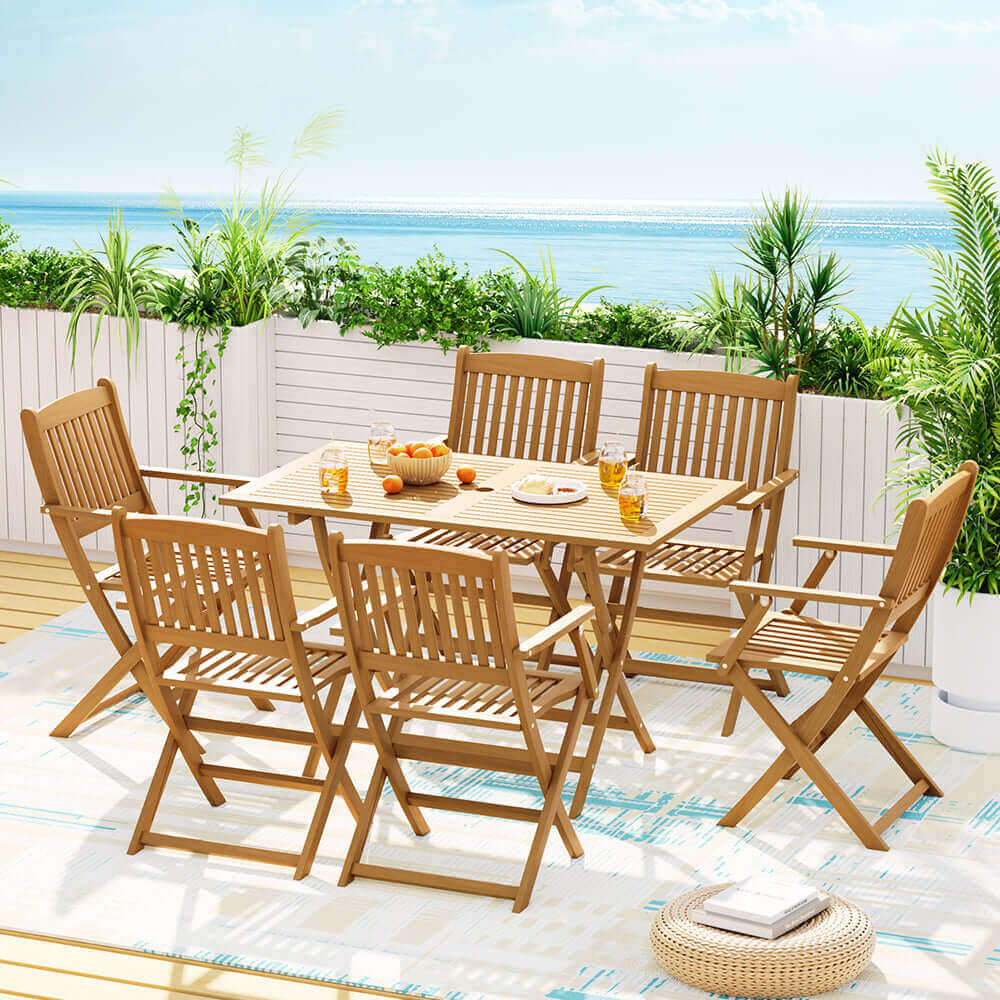 Gardeon 7PCS Outdoor Dining Set Garden Chairs Table Patio Foldable 6 Seater Wood-Upinteriors