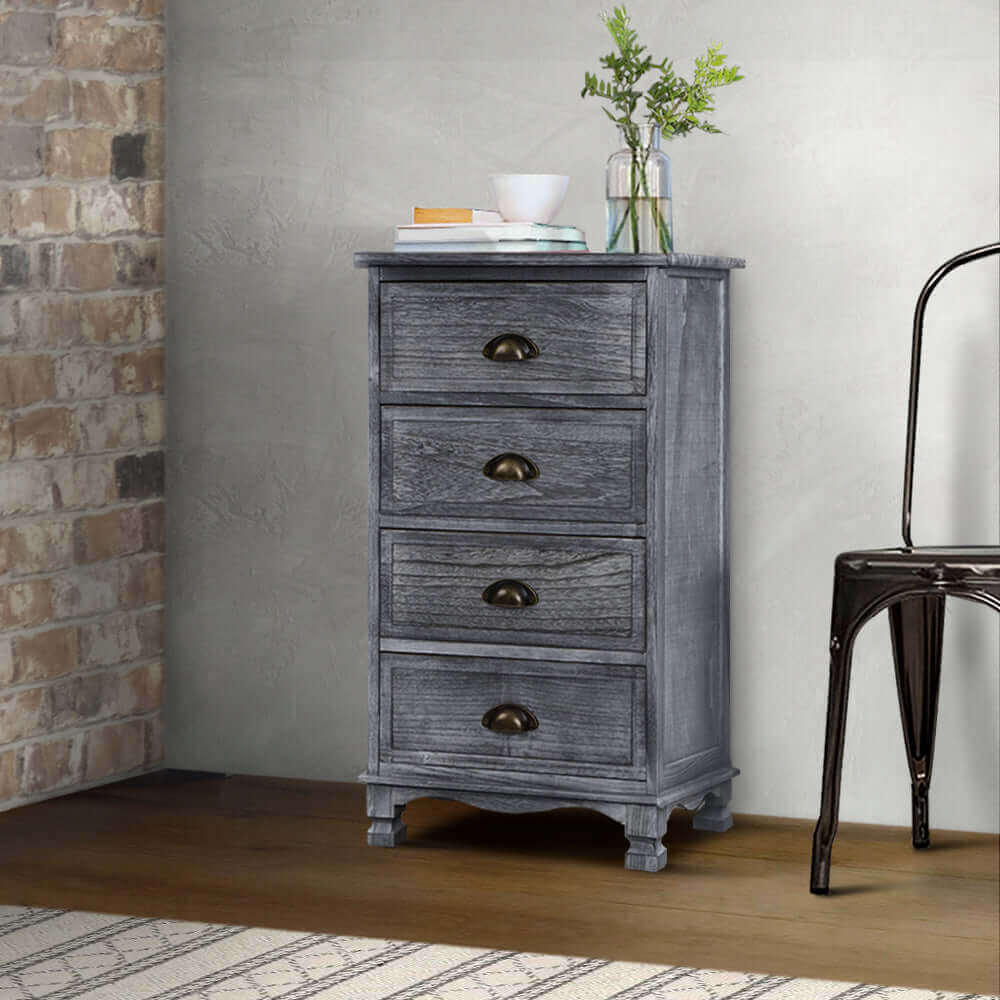 Artiss Bedside Tables Drawers Cabinet Vintage 4 Chest of Drawers Grey Nightstand-Upinteriors