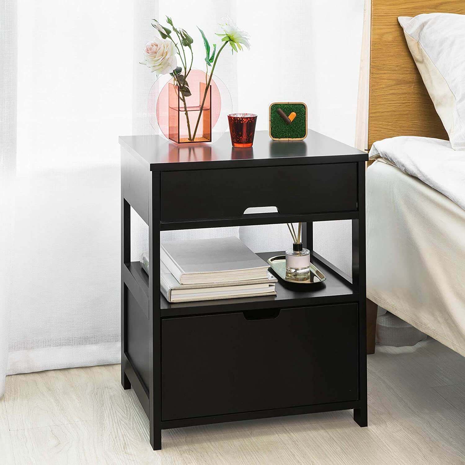 Black Bedside Table with 2 Drawers-Upinteriors