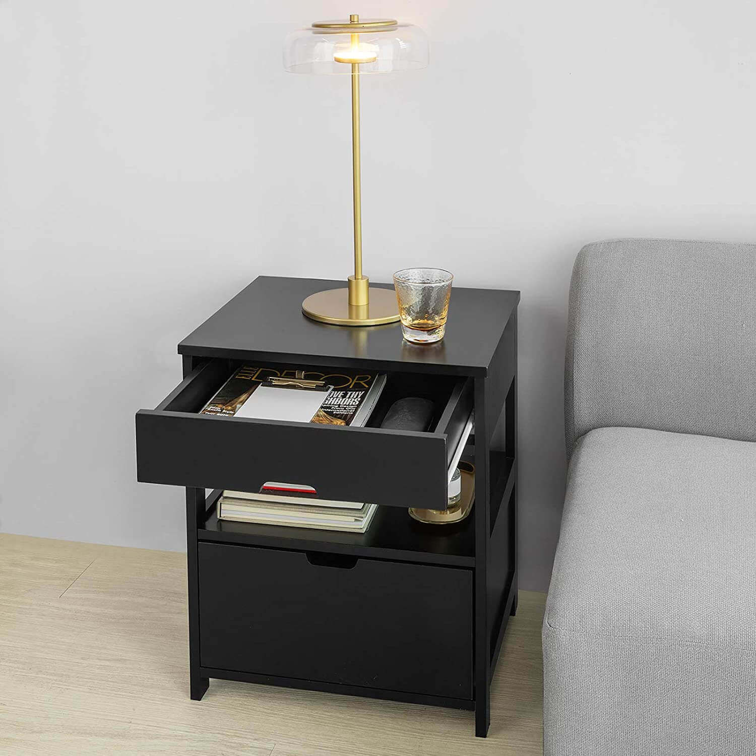 Black Bedside Table with 2 Drawers-Upinteriors