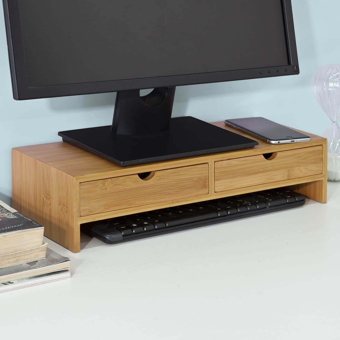 Bamboo Monitor Stand Desk Organizer with 2 Drawers-Upinteriors