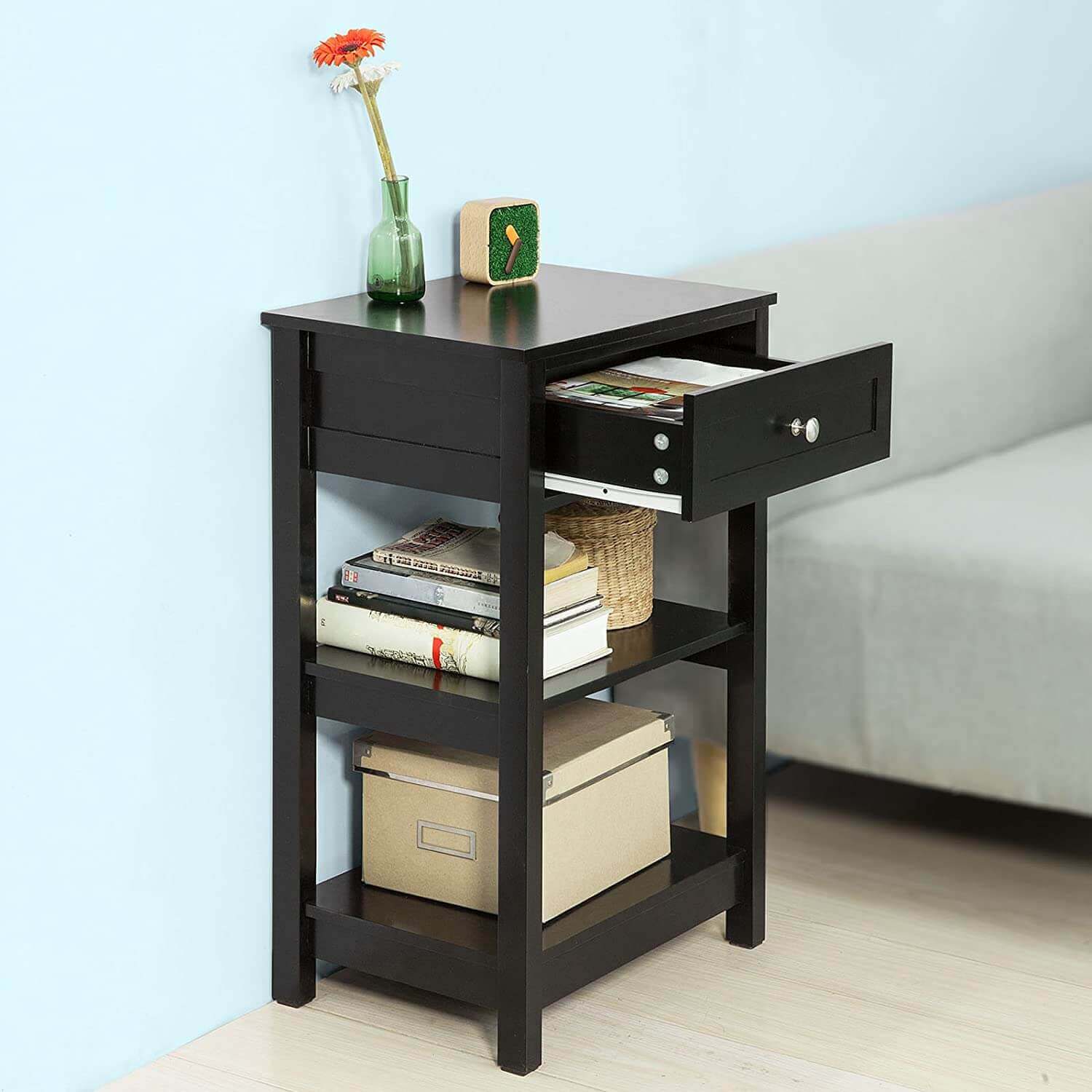 Black Bedside Table with 1 Drawer and 2 Shelves-Upinteriors