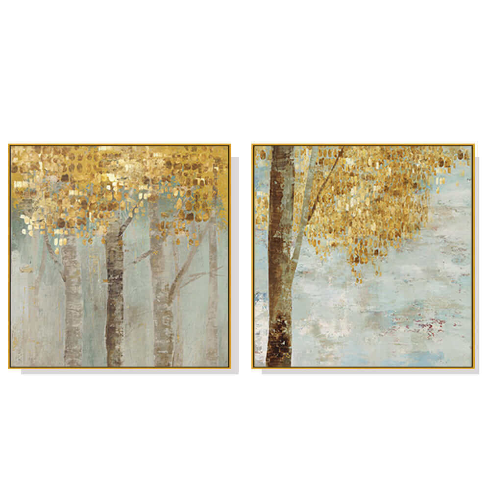 60cmx60cm Golden Leaves 2 Sets Gold Frame Canvas Wall Art-Upinteriors