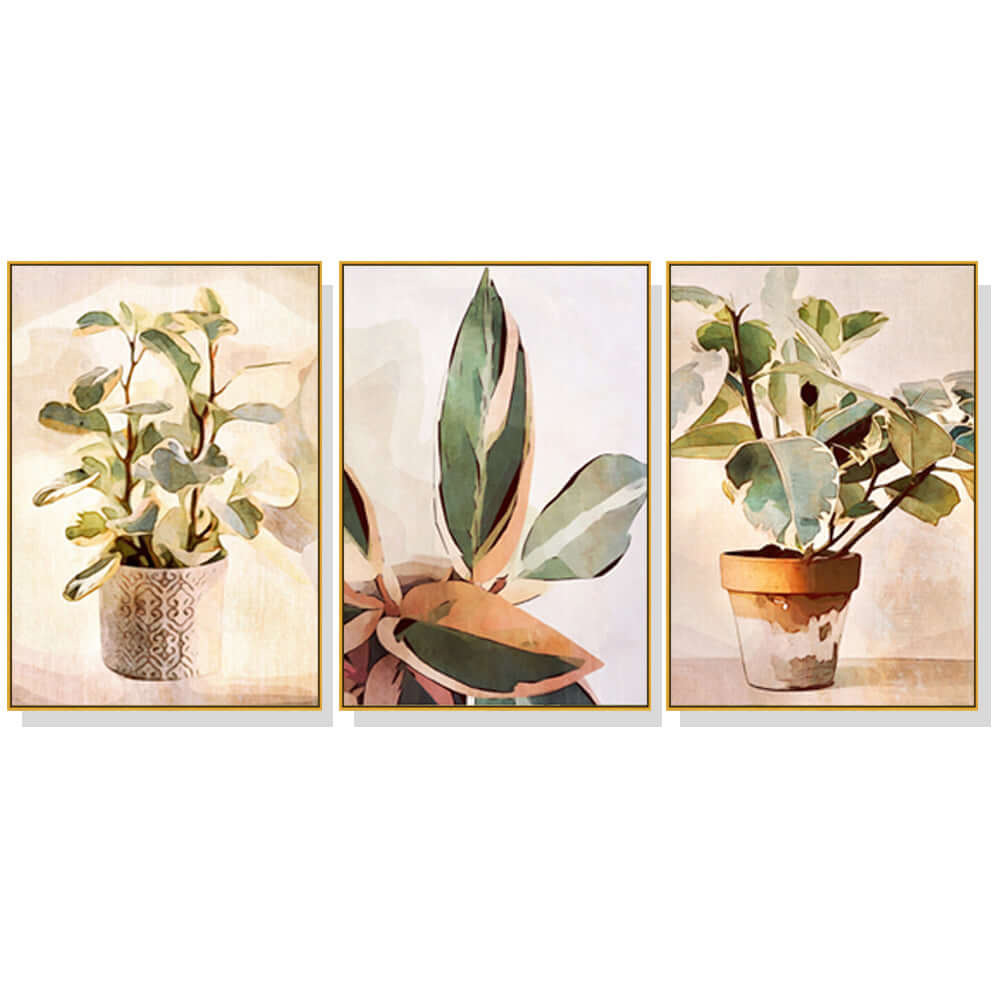 40cmx60cm Botanical Leaves Watercolor Style 3 Sets Gold Frame Canvas Wall Art-Upinteriors