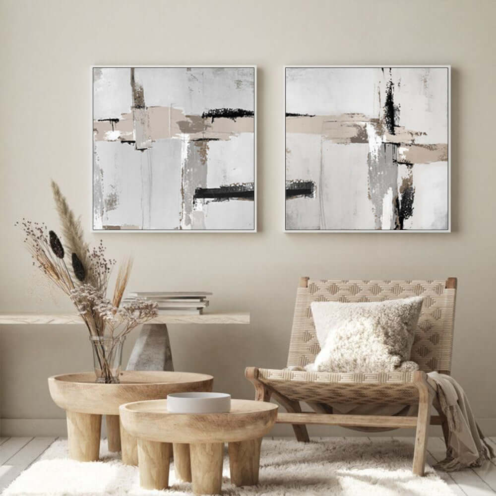 60cmx60cm Neutral Abstract 2 Sets White Frame Canvas Wall Art-Upinteriors