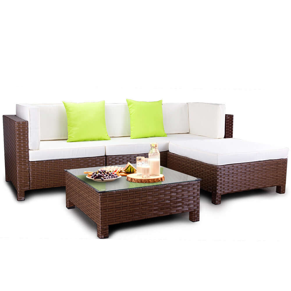 LONDON RATTAN 5pc Outdoor Furniture Setting Lounge Wicker Sofa Set Patio Brown-Upinteriors