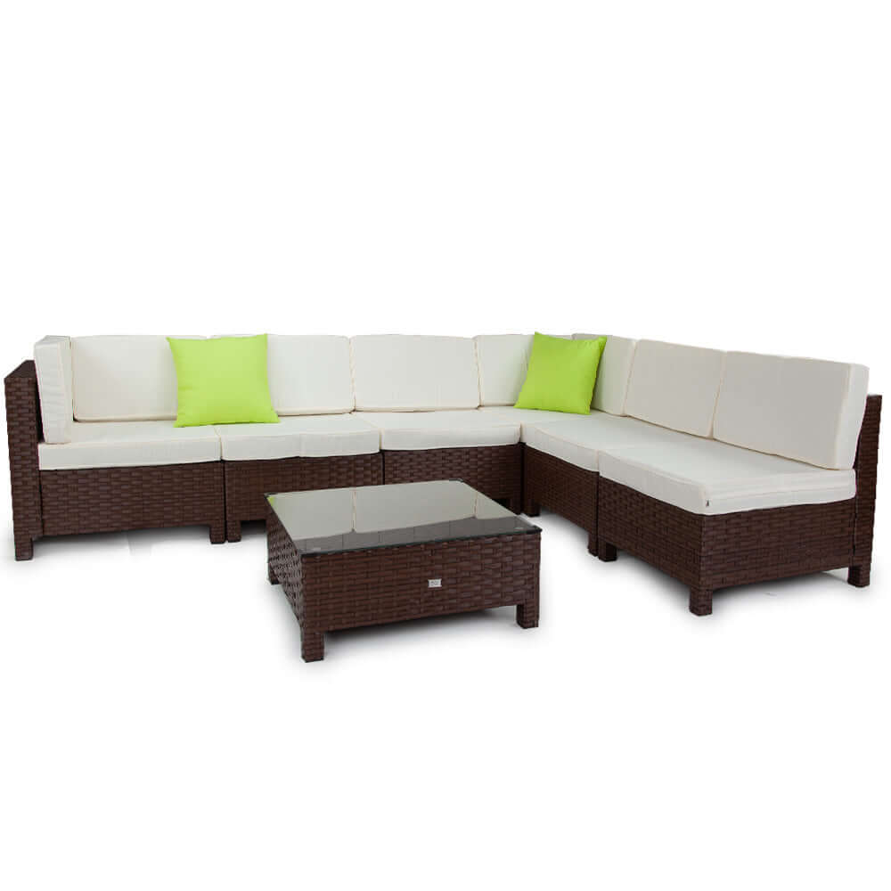 LONDON RATTAN 7pc Outdoor Wicker Lounge Furniture Setting Patio Sofa Set Brown-Upinteriors