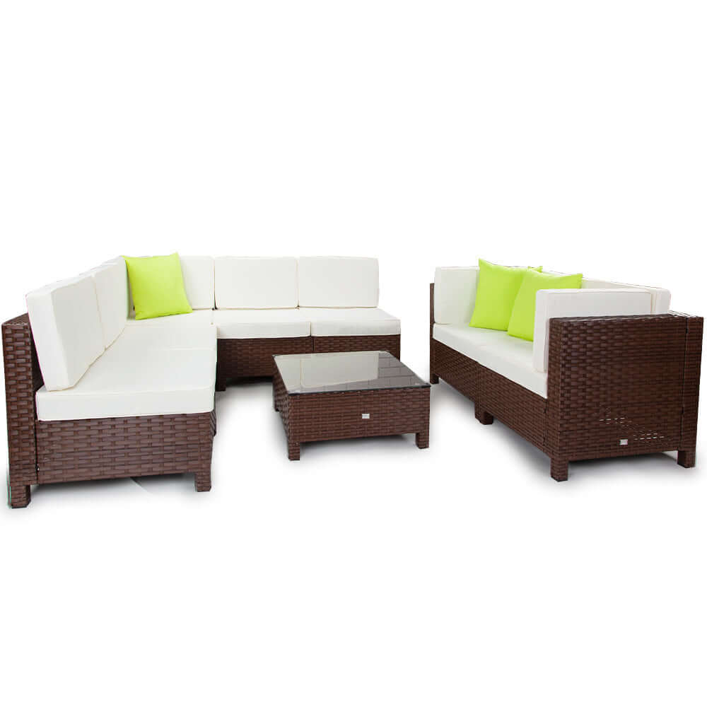 LONDON RATTAN 8pc Outdoor Furniture Setting Lounge Wicker Patio Sofa Set Brown-Upinteriors