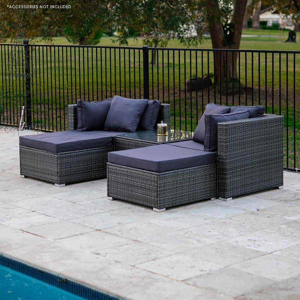 LONDON RATTAN 4 Seater Modular Outdoor Lounge Setting with Coffee Table, Ottomans, Grey-Upinteriors