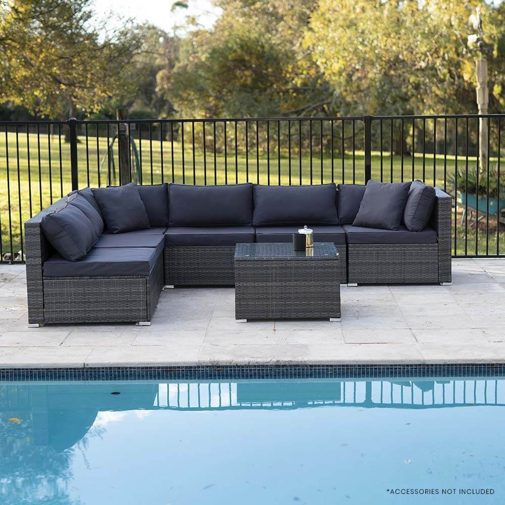 LONDON RATTAN 7 Piece 6 Seater Modular Outdoor Lounge Setting with Coffee Table, Grey-Upinteriors