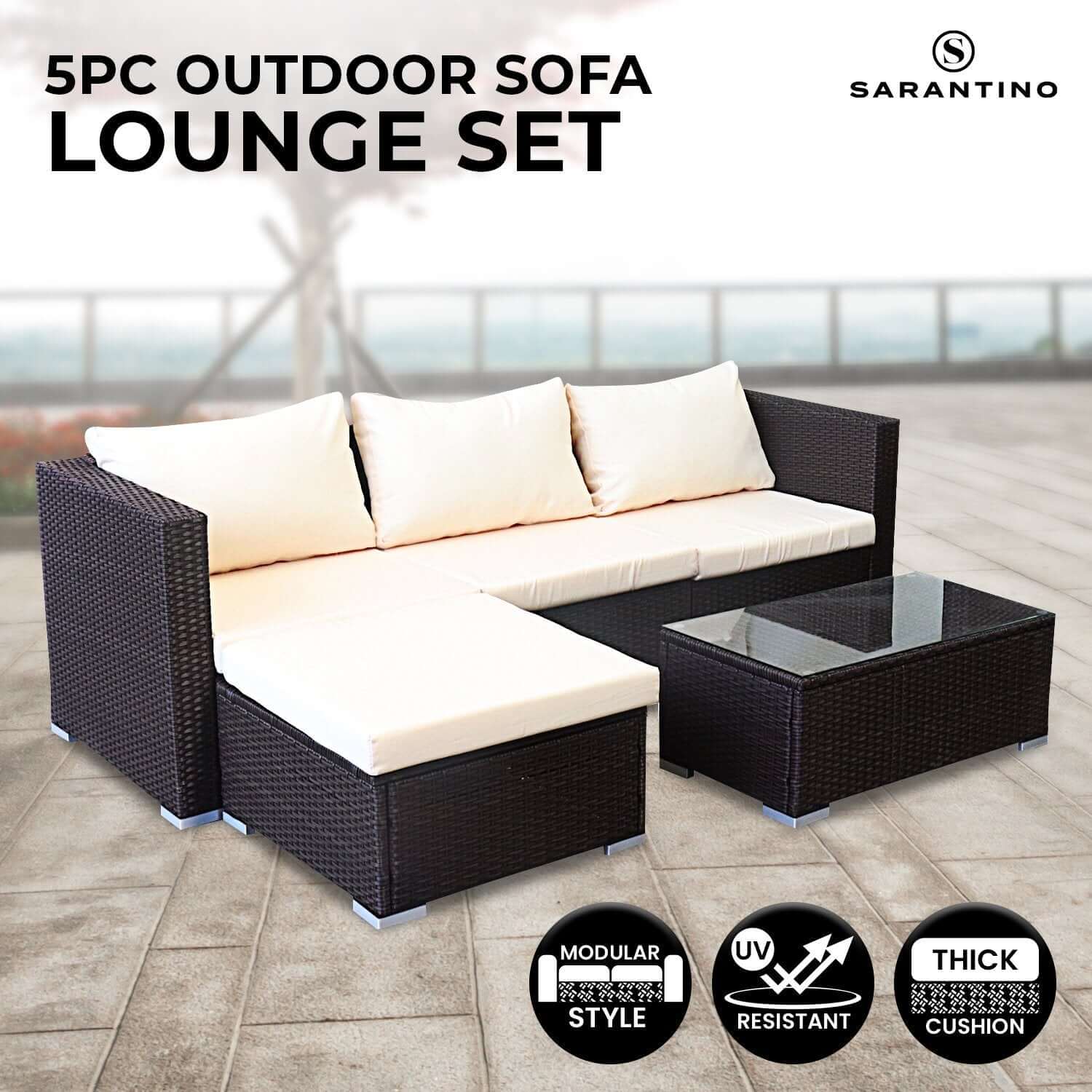 Sarantino 5pc Modular Outdoor Lounge Set PE Rattan - Brown-Upinteriors